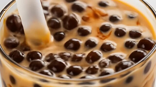 Bubble tea drink with tapioca balls and straw, in a clear glass, close-up view