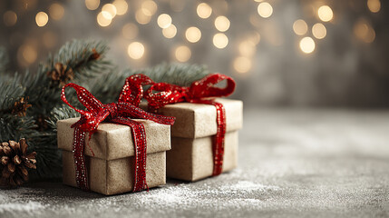 Christmas gift box with red ribbon and pine branch with pine cones on snowy surface and warm bokeh lights background creating festive and cozy atmosphere
