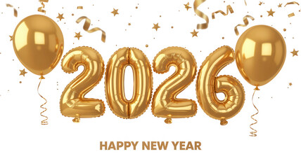 Golden 2026 balloons and confetti isolated on transparent background