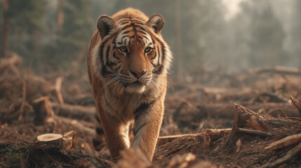 wildlife photo, a Sumatran tiger standing on top of large cut timber logs from illegal logging, freshly cut wood surfaces, strong environmental destruction 