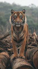wildlife photo, a Sumatran tiger standing on top of large cut timber logs from illegal logging, freshly cut wood surfaces, strong environmental destruction 