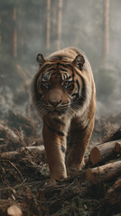 wildlife photo, a Sumatran tiger standing on top of large cut timber logs from illegal logging, freshly cut wood surfaces, strong environmental destruction 