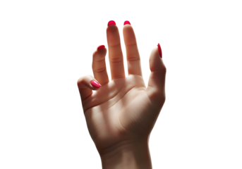 Isolated graceful female hand with vibrant red nail polish extending upwards in subtle light
