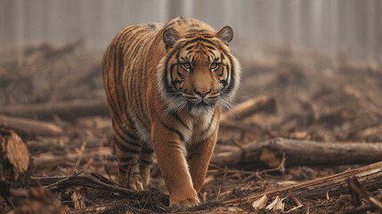wildlife photo, a Sumatran tiger standing on top of large cut timber logs from illegal logging, freshly cut wood surfaces, strong environmental destruction 