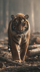 wildlife photo, a Sumatran tiger standing on top of large cut timber logs from illegal logging, freshly cut wood surfaces, strong environmental destruction 