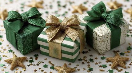Christmas gift box with green and gold ribbon and glitter star decoration on white surface, festive holiday celebration with elegant wrapped presents and sparkling accents