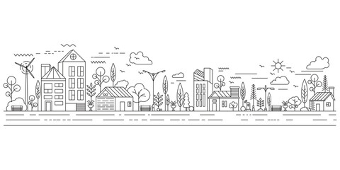 Eco Urban Cityscape Line Art with Trees and Houses
