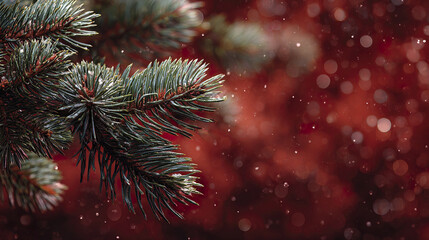 Pine needle branch with snowflakes falling against red bokeh background, creating festive and serene winter atmosphere with natural evergreen texture