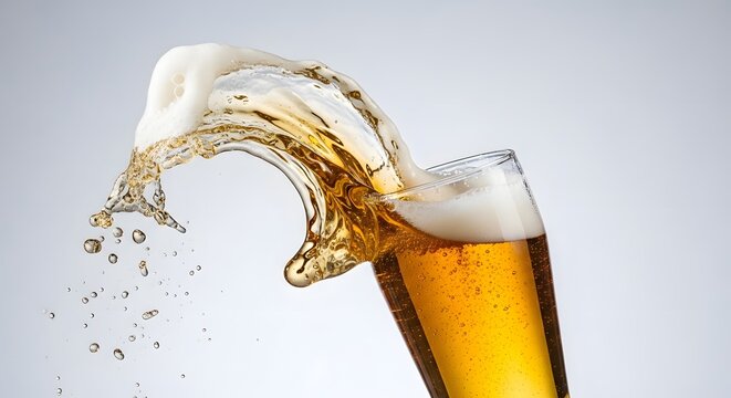A glass of beer with foam and splash against white background