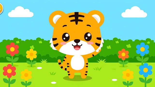 Happy orange striped cartoon tiger animation waving paw isolated in vibrant natural background video footage for kids content template