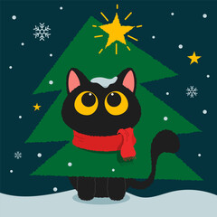 Black cat wearing red scarf sitting in snow with Christmas tree and shining star in dark night