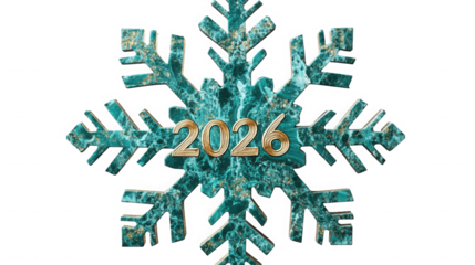 A turquoise snowflake with gold year two thousand and twenty six on  image on transparent background
