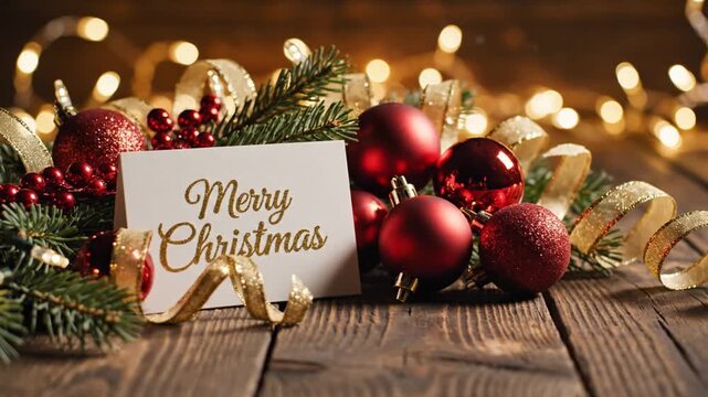 Merry Christmas gift card placed on a wooden desk surrounded by pine branches, red ornaments, gold ribbons