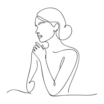 Woman hair bun touching her shoulder Minimalist black line drawing art