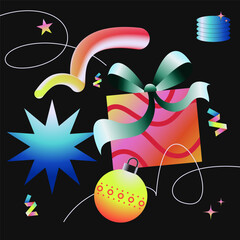 Vibrant trendy gradient Christmas festival abstract background. Modern retro holiday ornament with colorful gift box