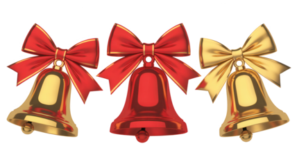 Three christmas bells with red and gold ribbons isolated on transparent background
