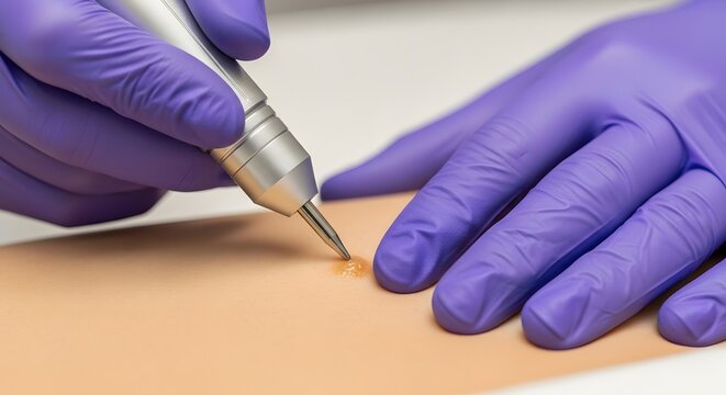 Removal of skin tag by a professional with purple gloves