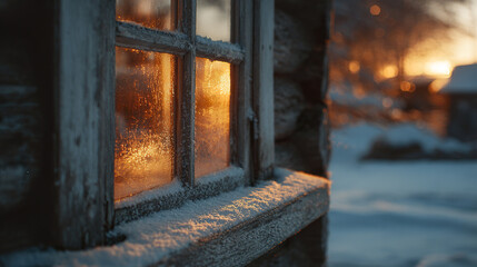 Cozy cabin window glowing warm golden light frosted glass snow winter sunset rustic wooden frame peaceful cold evening atmosphere