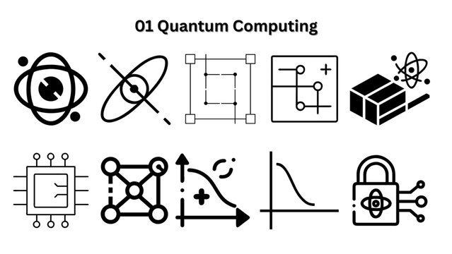 Quantum Computing Vector Icons &ndash; Qubits, Algorithms, Superposition, Entanglement, Quantum Technology