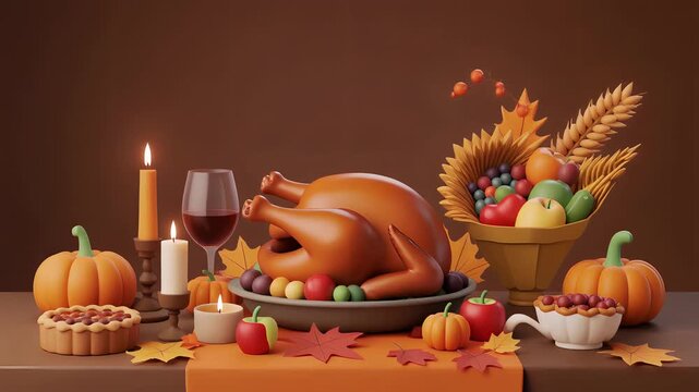 A Pixel Art Thanksgiving Dinner Table Scene with Roasted Turkey and Autumn