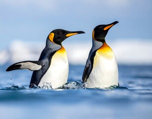 Fototapeta premium Two majestic penguins emerge from the ocean water