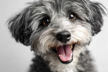 Happy small dog with fluffy gray and white fur looking at camera with open mouth and bright eyes, expressing joy and friendliness in close up portrait