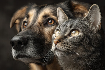 Dog and cat close up portrait with expressive eyes looking attentively in dark studio setting, showing detailed fur texture and calm companionship