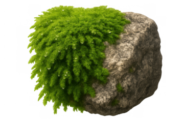 Green moss adorning a weathered gray stone with shimmering water droplets, adding a damp, rejuvenating touch of nature, presented against a clear background