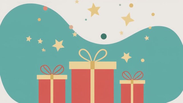 A cheerful flat vector illustration depicts three red gift boxes with golden bows, surrounded by stars on a teal background, perfect for celebrations.