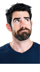 Obraz premium Portrait of a thoughtful bearded man with a confused expression isolated on transparent background.