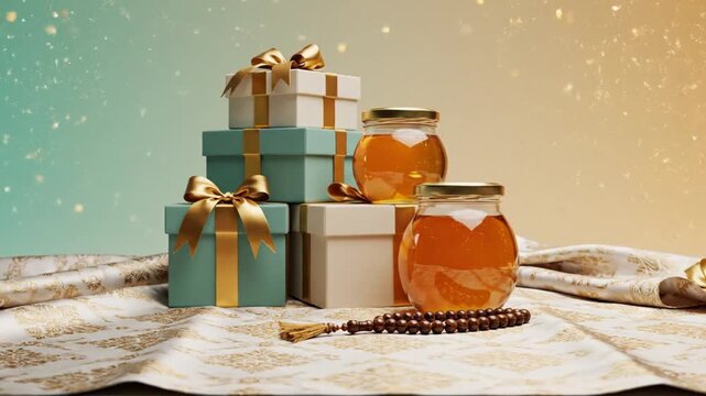 pastel mint-to-cream gradient, neatly arranged Eid gift box with ribbon, honey jars, prayer beads, and elegant patterned cloth