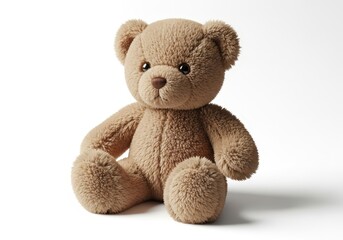 Obraz premium Adorable plush teddy bear sitting against a plain white background with soft fur texture