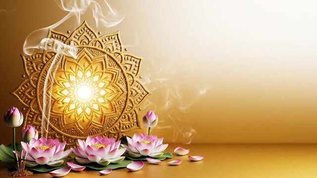 Parinirvana Day banner, soft white-to-gold gradient, lotus flowers, incense smoke trail, peaceful glowing mandala