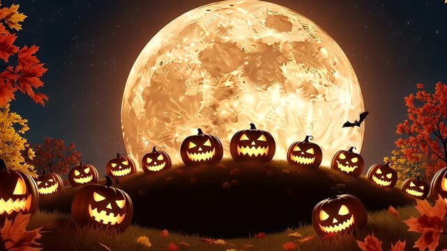 Illuminated jack-o'-lanterns on a hill, silhouetted against a large, bright full moon and autumn leaves under a starry night sky, with bats flying overhead