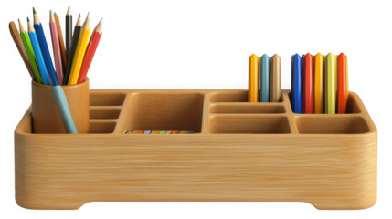 Close up of a wooden desk organizer filled with colored pencils and other stationery items on  on transparent background