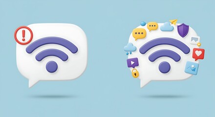 Conceptual wireless internet signal icon with notification and multimedia symbols