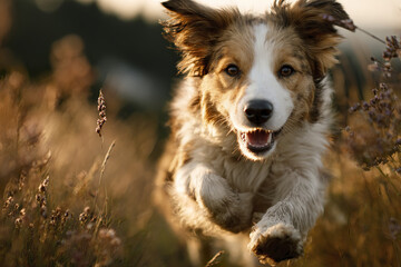 Energetic dog running through tall dry grass and wildflowers in warm sunlight, showing joyful expression and motion in natural outdoor setting