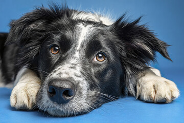 Fototapeta premium Expressive black and white dog resting on bold blue background with soulful brown eyes and soft fur, showing calm and gentle emotion in close up portrait