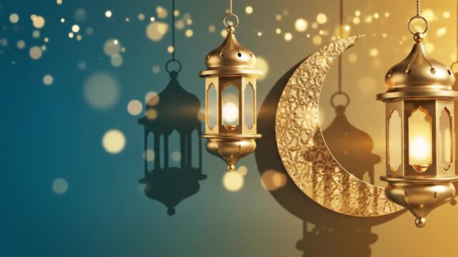 Ramadan Mubarak, soft turquoise-to-warm gold gradient, ornate lanterns casting patterned shadows, crescent silhouette