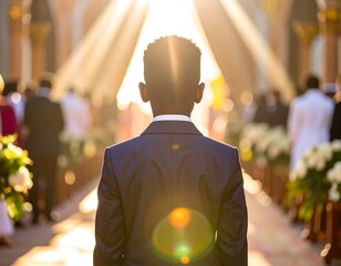 Young boy in suit walks toward the light in a sunlit aisle