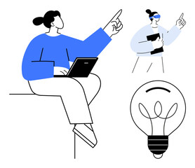 Fototapeta na wymiar Teamwork, innovation, problem-solving, creativity, brainstorming, communication. Person pointing with laptop, another holding tablet and light bulb symbol. Innovation and teamwork concept