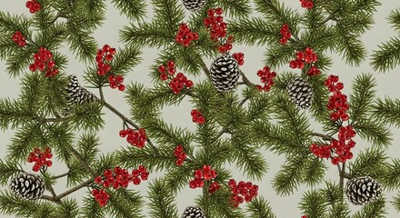 Seamless pattern with pine branches, red holly berries, and pinecones digitally rendered on a light beige background creating a festive and repeating winter holiday backdrop