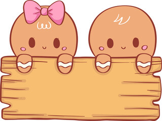 Gingerbread Couple with Blank Wooden Sign Doodle Illustration