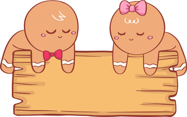 Gingerbread Couple with Wooden Frame Doodle Illustration