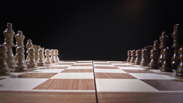 Minimalist Close-up of a Chessboard on Black Background Portraying Abstract Concepts of Leadership, Logic, and Focus - a Visual Metaphor for Strategic Planning, Foresight, and Calm Intelligence