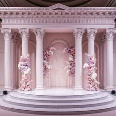 Naklejka premium Ornate stage with columns and floral arrangements in a light pink color scheme for an event space
