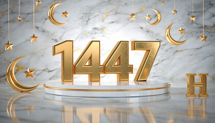 Luxury 3D Golden Numbers 1447 H Islamic New Year Celebration on Reflective White Marble Podium with Floating Crescent Moons and Stars