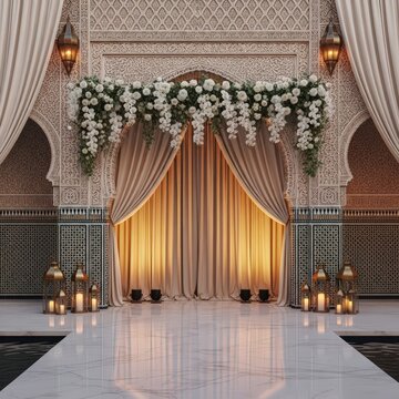 Ornate backdrop with floral arrangement and draped curtains in a luxurious setting indoors scene
