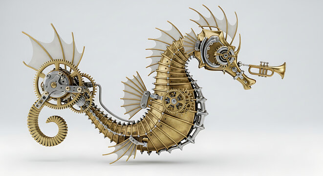 Fantastical generated steampunk seahorse with intricate brass gears and mechanical wings
