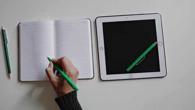 This video features a creative workspace where an individual is jotting down ideas in a notebook while using an iPad. Witness the harmony between traditional note-taking and modern technology.